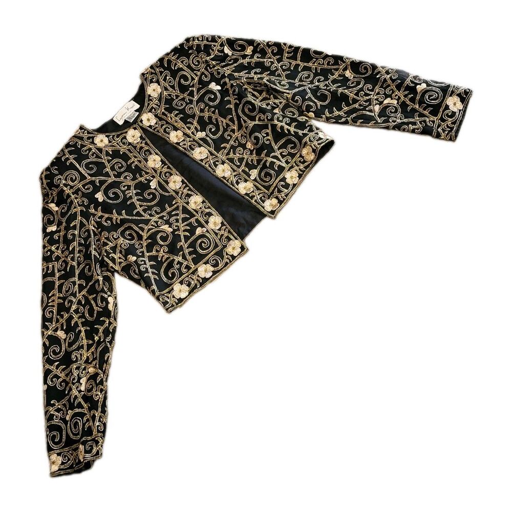 LAWRENCE KAZAR black silk cropped jacket M gold beaded floral baroque evening